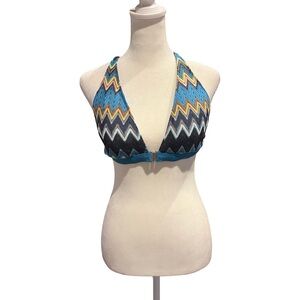Perry Ellis Zigzag crochet Halter Bikini Top - Teal and Charcoal gray.  Size L